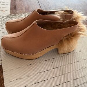 One of a kind Tan Leather Sling back Clogs with Shearling Fur